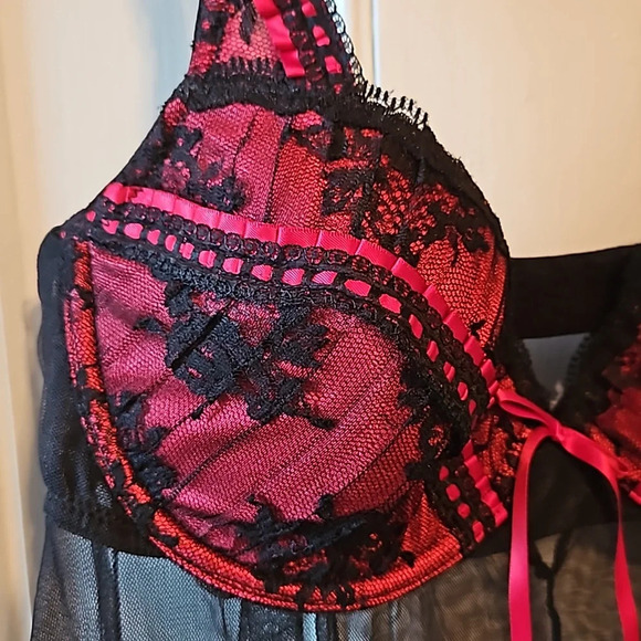 Delicates Sheer Lace Black Red Babydoll Top XL - Picture 3 of 8